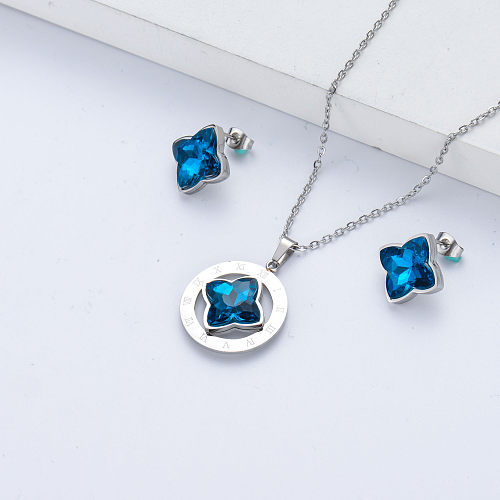 conjunto de joyas de collar y aretes de cristal azul para boda