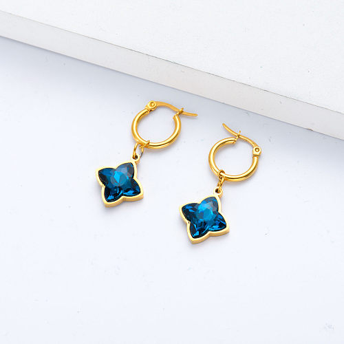 Boucle d'oreille en acier inoxydable plaqué or avec pendentif en cristal bleu pour femme