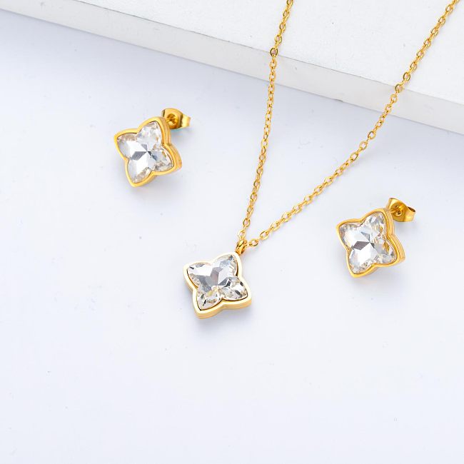 Conjunto de joias de aço inoxidável de placa de ouro brinco e colar para mulheres