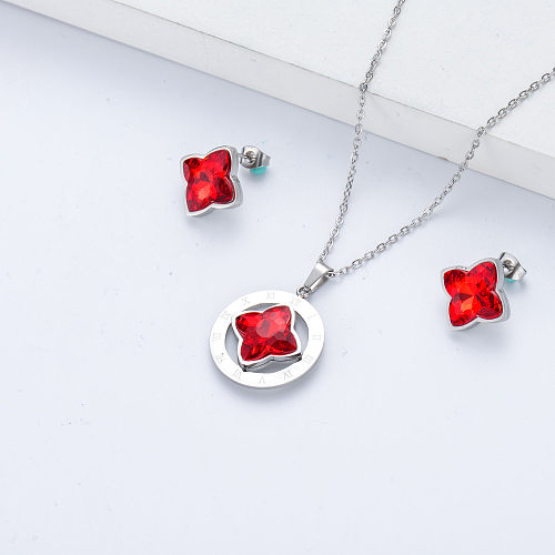 red crystal pendant earring and necklace jewelry set for women