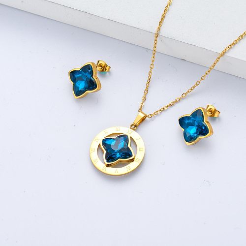 Conjunto de joias de aço inoxidável pingente de cristal azul para casamento