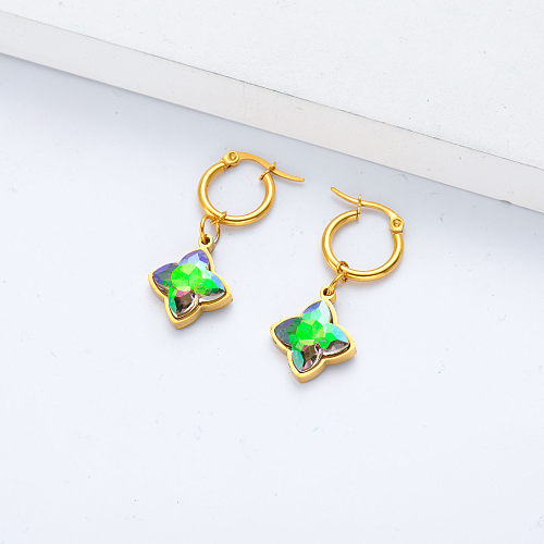 gold plate earring in stainless steel with crystal pendant for women