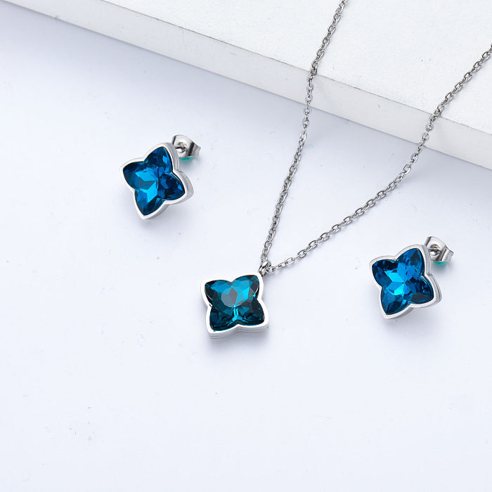 Conjunto de joias de aço inoxidável pingente de cristal azul para casamento