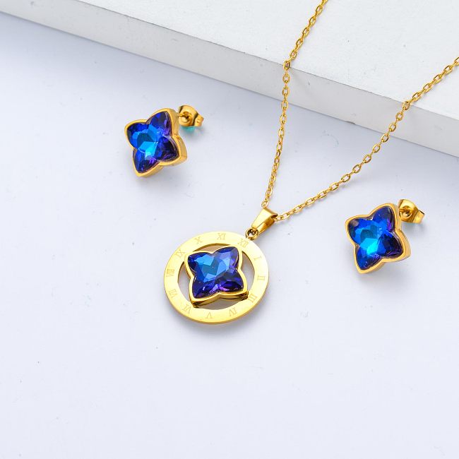 blauer Kristallanhänger in Kristall-Edelstahl-Halskette und Ohrring für Mädchen