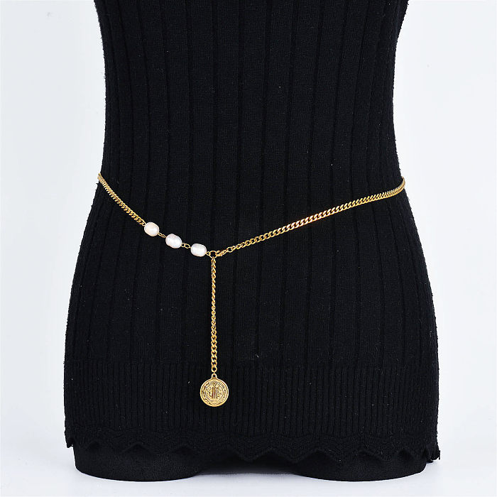 coin pendant and pearl stainless steel gold plate body chain for girl