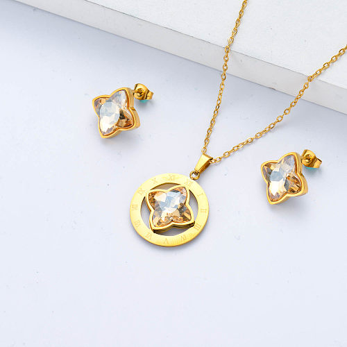 gold plate crystal earring and necklace pendant jewelry set for wedding