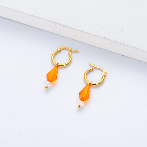 pendentif cristal orange en boucle d'oreille en acier inoxydable pour femme