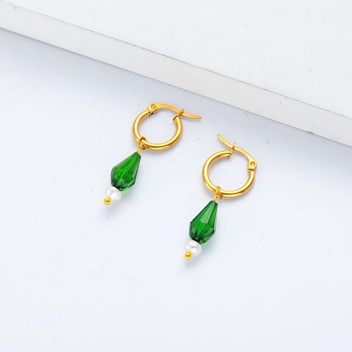 green crystal gold plate women stainless steel earring