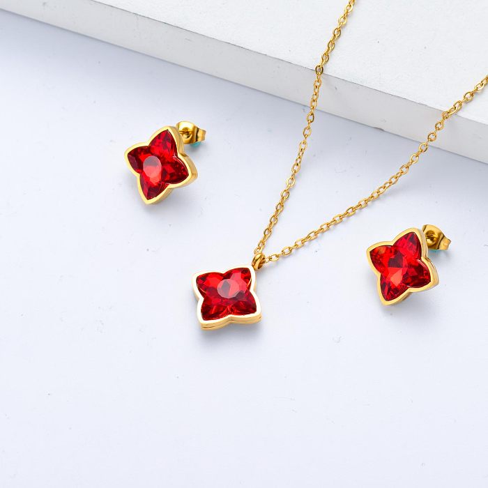 conjunto de joyas de collar y aretes con colgante de cristal rojo para mujer