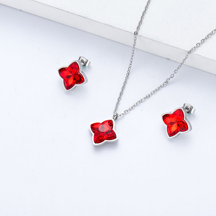 قلادة حمراء في مجموعة مجوهرات فضية من الفولاذ المقاوم للصدأ والكريستال -  Jewenoir