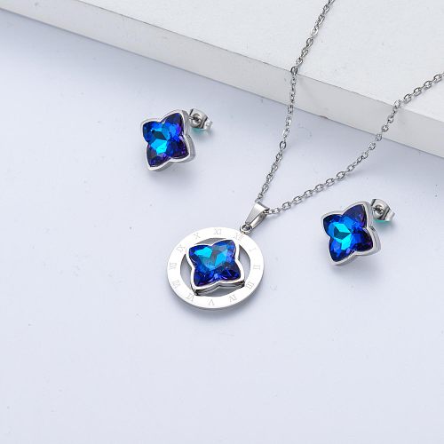 conjunto de joyas de aretes y collar de cristal azul para niña