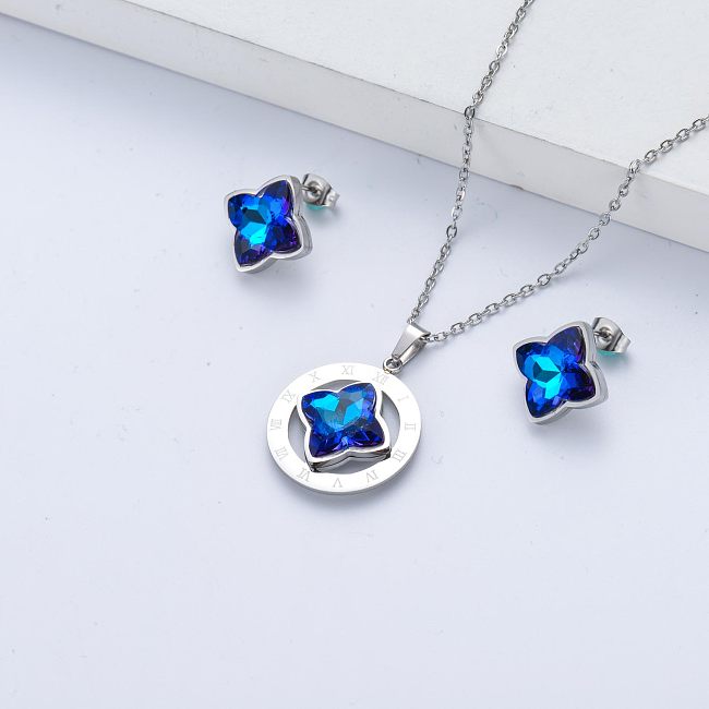 conjunto de jóias de brinco e colar de cristal azul para menina