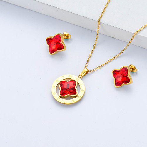 red crystal pendant earring and necklace jewelry set for women