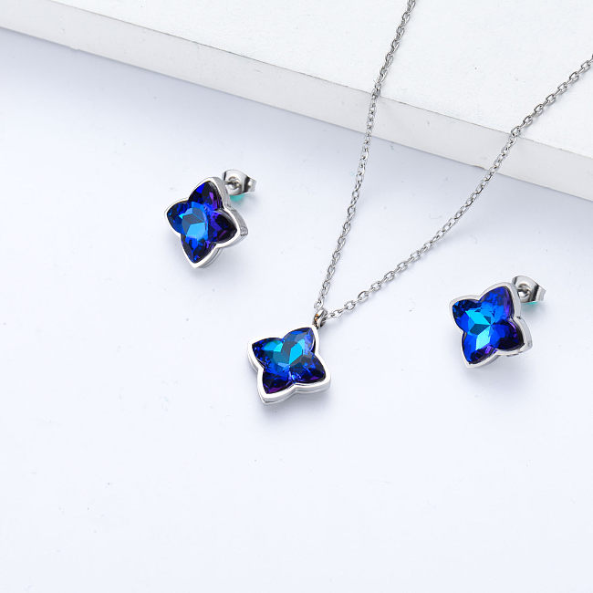 conjunto de jóias de brinco e colar de cristal azul para menina