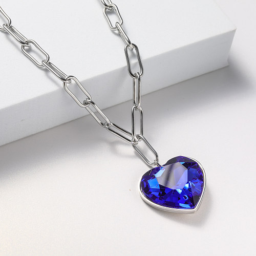 colar de aço inoxidável feminino pingente de cristal em forma de coração azul