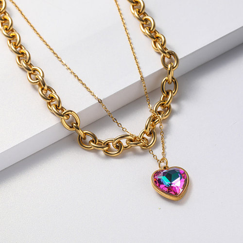 crystal pendant gold plate necklace in stainless steel