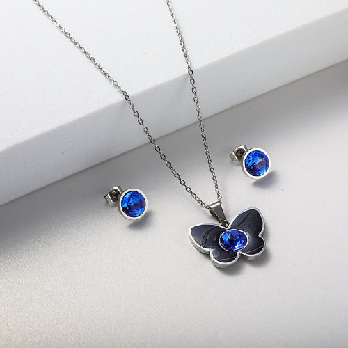 Conjunto de joyería de pendiente de collar con colgante de mariposa azul para mujer