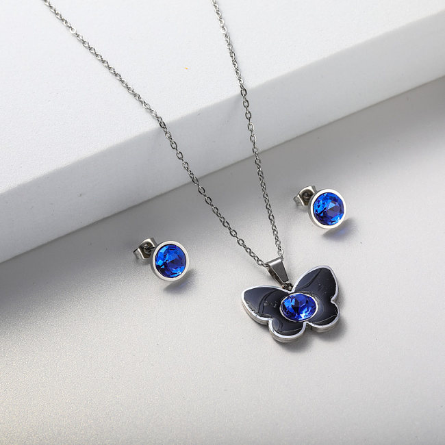 blue butterfly pendant necklace earring jewelry set for women