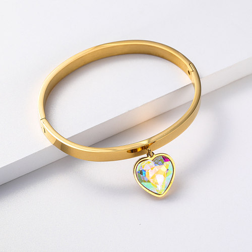 menina pingente de cristal em forma de coração feminino pulseira de aço inoxidável