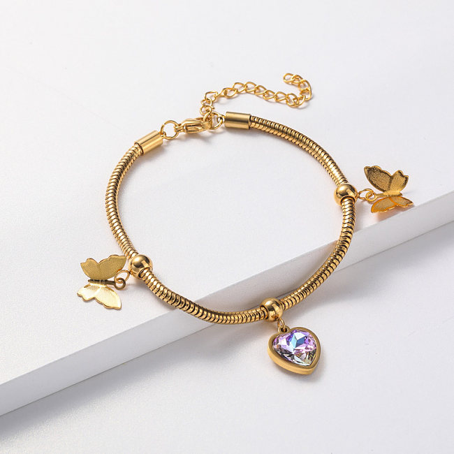crystal pendant gold plate bracelet in stainless steel