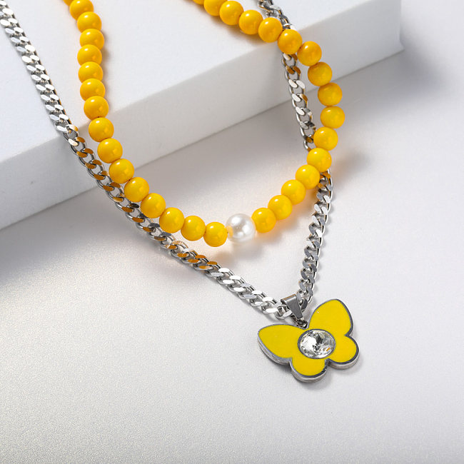 yellow butterfly pendant necklace in stainless steel
