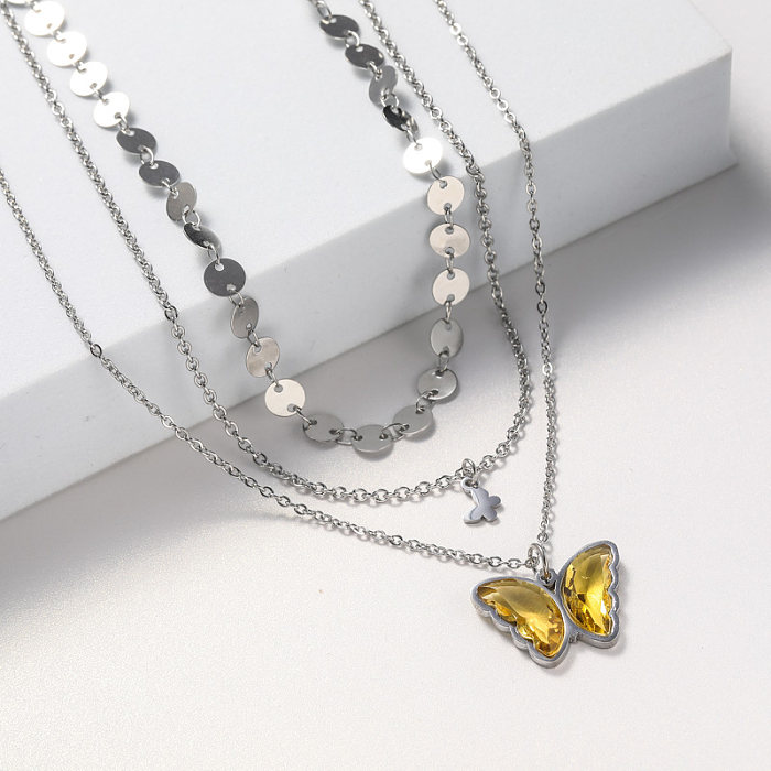 colar de pingente de borboleta de cristal de ouro para mulheres