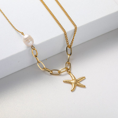 gold pendant and pearl stainless steel necklace for women