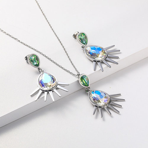 brinco e colar em cristal conjunto de jóias de aço inoxidável para mulheres