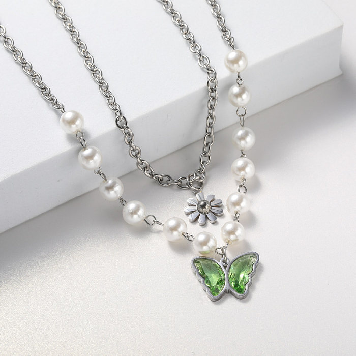 crystal butterfly stainless steel necklace