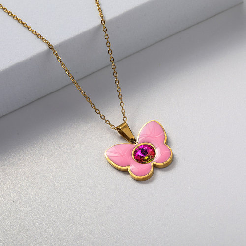 collier en acier inoxydable avec pendentif en métal rose pour femme