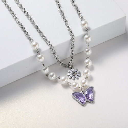 crystal butterfly stainless steel necklace for women