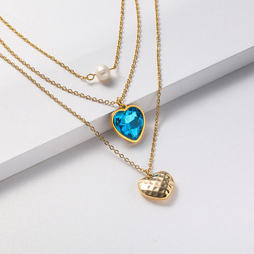 crystal pendant gold plate necklace in stainless steel