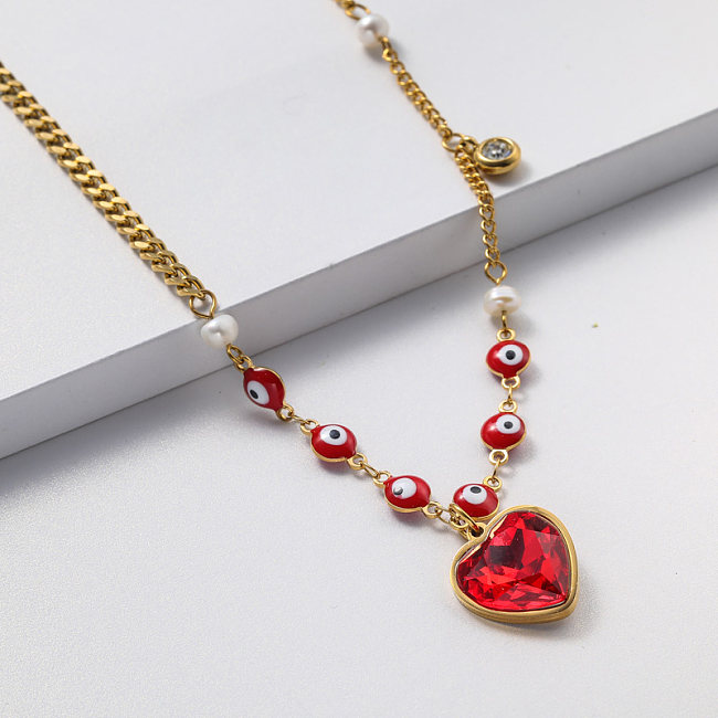 red crystal pendant gold plate stainless steel necklace