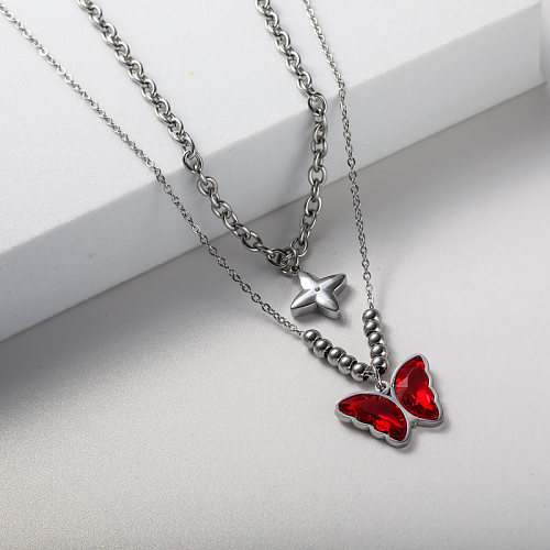 red butterfly pendant stainless steel necklace for women