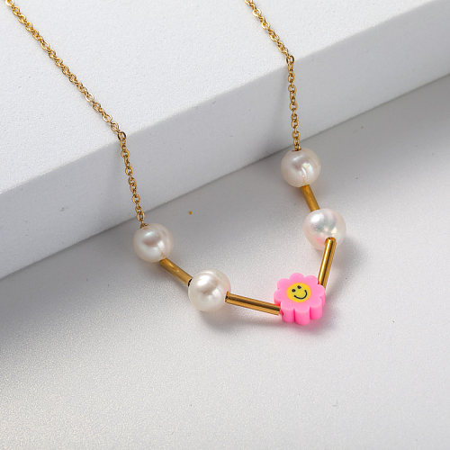 pink pendant and pearl gold plate stainless steel necklace