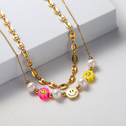 chain and pearl pendant gold plate stainless steel necklace for women