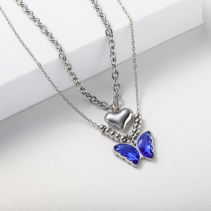 collier en acier inoxydable papillon bleu pour mariage femme