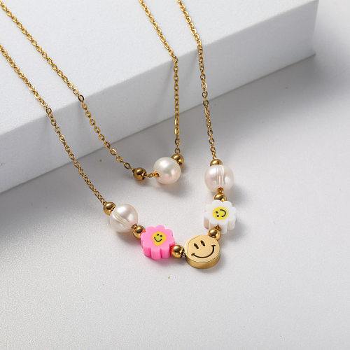 collier perle et pendentif en acier inoxydable pour femme