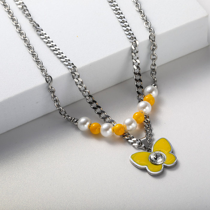 butterfly and pearl pendant stainless steel necklace for wedding