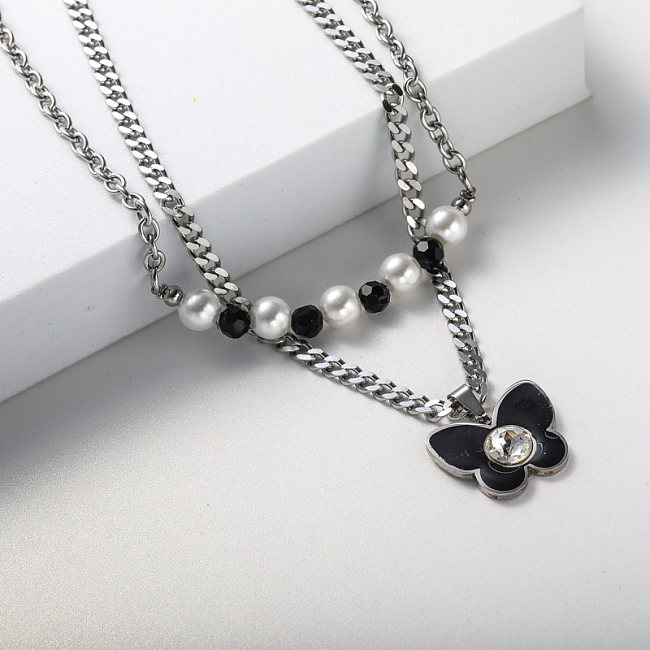 pearl and butterfly pendant stainless steel necklace for wedding
