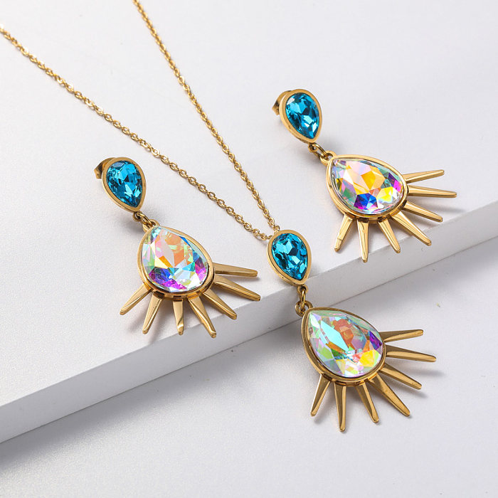 Conjunto de joyas de acero inoxidable con collar y aretes de cristal para mujer