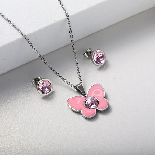 Parure de bijoux collier boucle d'oreille rose en acier inoxydable