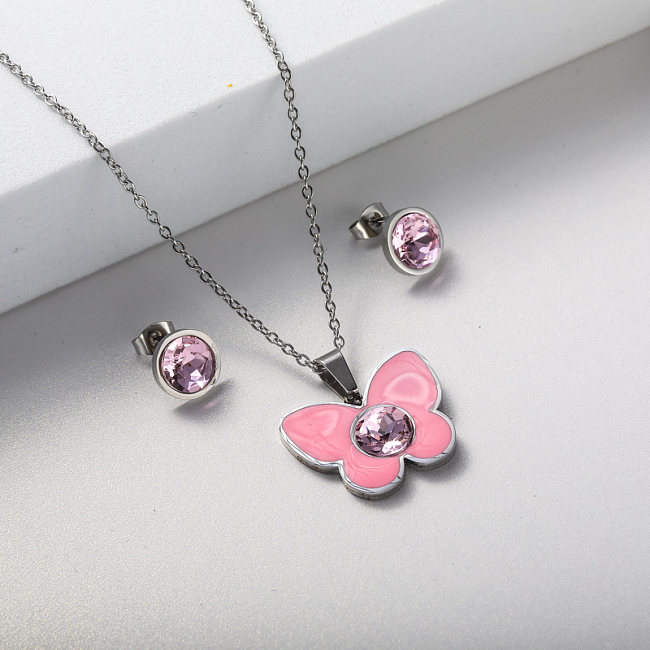 pink earring necklace jewelry set in stainless steel