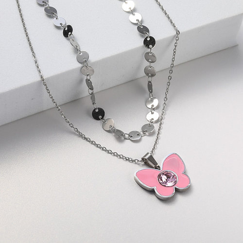 pink butterfly stainless steel necklace