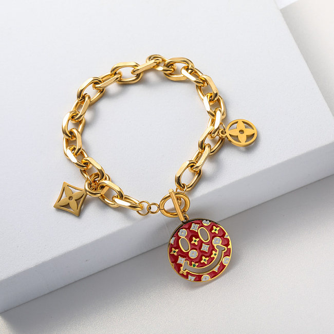 pulseira de aço inoxidável com pingente de ouro vermelho para menina