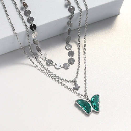 collier en acier inoxydable avec pendentif papillon bleu sarcelle