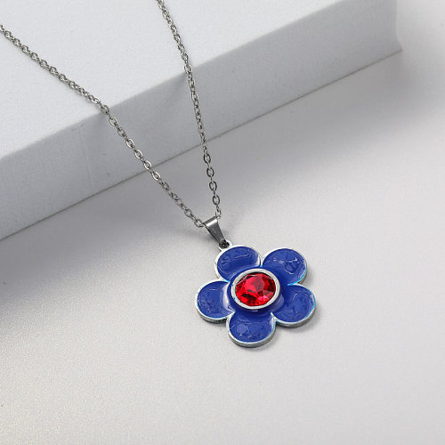 collier pendentif fleur bleue métal acier inoxydable pour femme