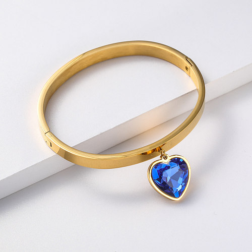 luxury blue crystal pendant gold plate stainless steel bangle