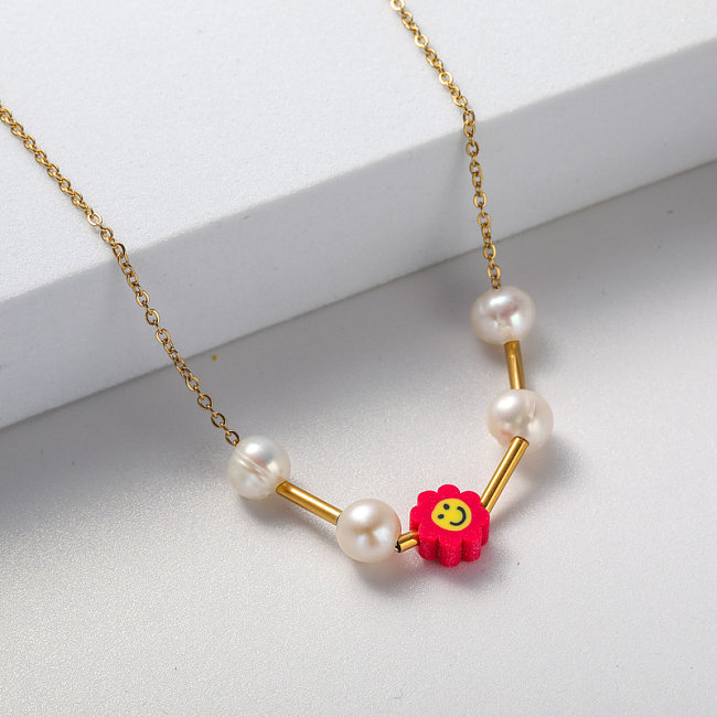 collier perle et pendentif en acier inoxydable pour femme