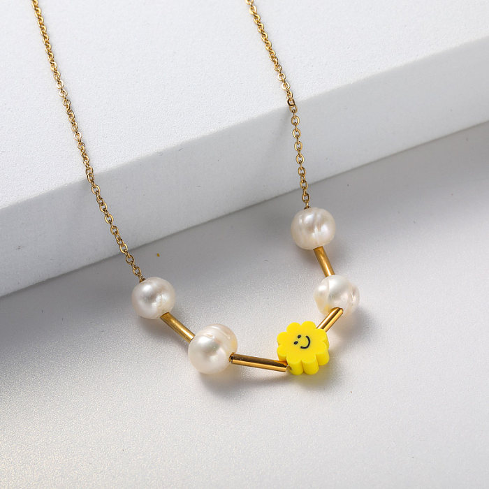 pendentif jaune et collier acier plaque or perle